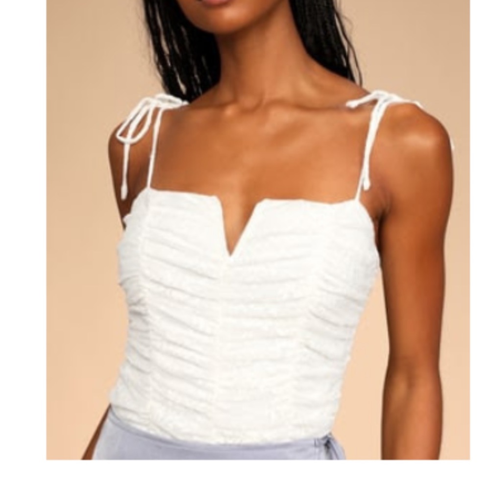 Romantic Rendezvous Ivory Lace Ruched Tie-Strap Bodysuit